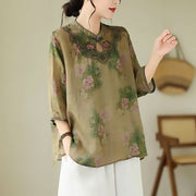 Buddha Stones Light Green Rose Flower Embroidery Design Three Quarter Sleeve Ramie Linen Shirt Women's Shirts BS 2