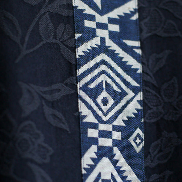 Buddha Stones Blue Flowers Embroidery Jacquard Midi Dress Three Quarter Sleeve Cotton Dress With Pockets
