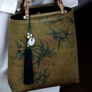 Buddha Stones Yellow Green Bamboo Leaves Bamboo Handles Handbag Handbags BS 12