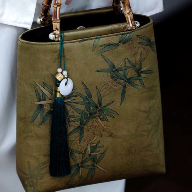 Buddha Stones Yellow Green Bamboo Leaves Bamboo Handles Handbag Handbags BS 12
