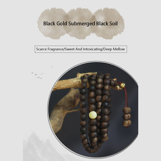 Buddha Stones 999 Gold Tarakan 108 Mala Beads Agarwood Amber Ward Off Evil Spirits Bracelet Mala Bracelet BS 20