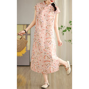 Buddha Stones Green Ocean Waves Pink Flowers Print Cheongsam Midi Dress Short Sleeve Dress