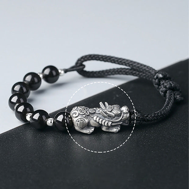 Buddha Stones 999 Sterling Silver FengShui PiXiu Natural Black Obsidian 925 Sterling Silver Bead Strength Bracelet