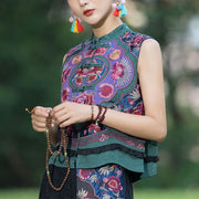 Buddha Stones Frog-Button Embroidery Flowers Cotton Linen Tang Suit Design Sleeveless Vest