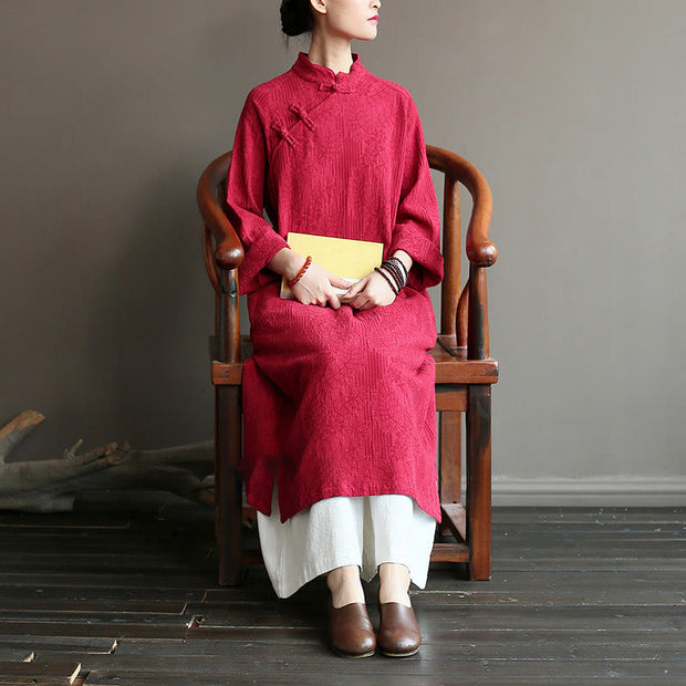 Buddha Stones Flower Jacquard Midi Dress Long Sleeve Cotton Linen Dress Wide Leg Pants With Pockets 33