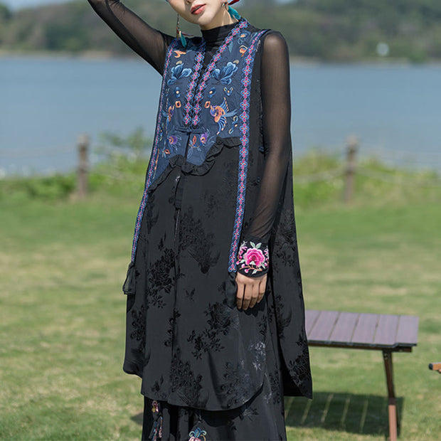 Buddha Stones Jacquard Flowers Birds Embroidery Design Long Sleeveless Vest