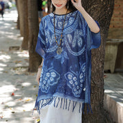 Buddha Stones Blue Butterfly Indigo Dyeing Shawl Tassels Cozy Travel Pullover 90*95cm 6