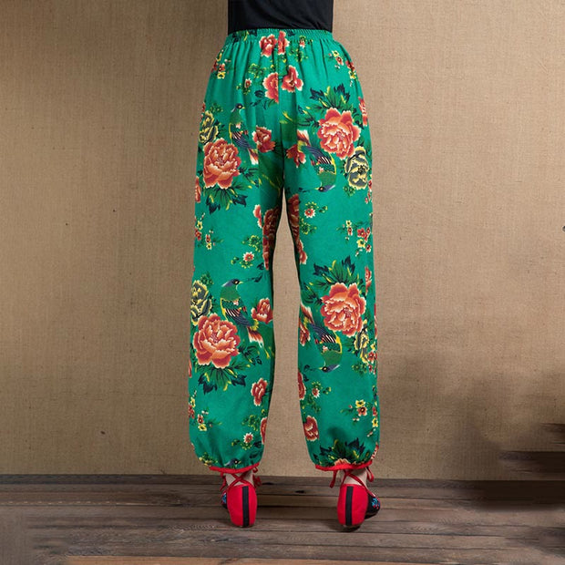 Buddha Stones Ethnic Style Red Green Flowers Print Harem Pants With Pockets Women's Harem Pants BS 11