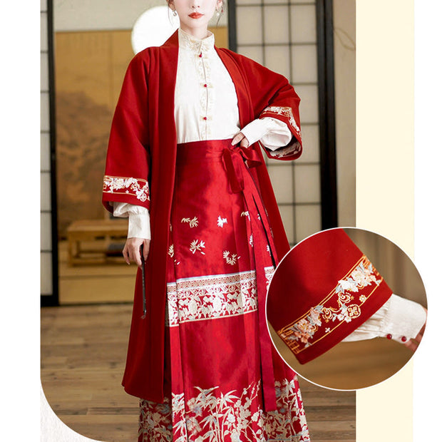 Buddha Stones Flower Bamboo Embroidery Long Sleeve Shirt Top Chinese Horse Face Skirt Mamianqun Wrapped Skirt Coat