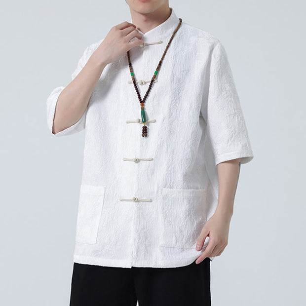 Buddha Stones Solid Color Jacquard Frog-button Chinese Half Sleeve Shirt Men T-shirt