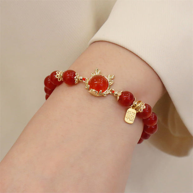Buddha Stones Year of the Dragon Red Agate Jade Peace Buckle Fu Character Success Bracelet Bracelet BS 11