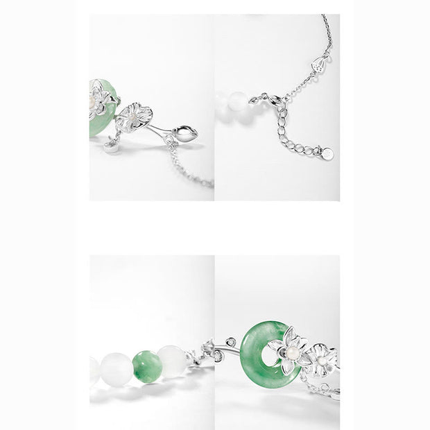 Buddha Stones Natural Chalcedony Green Jade Peace Buckle Lotus Positive Necklace Pendant Bracelet Earrings Ear Clips Set Bracelet Necklaces & Pendants BS 16