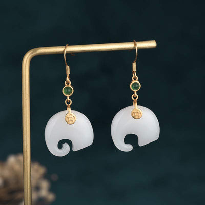 Buddha Stones FengShui Elephant White Jade Fortune Earrings