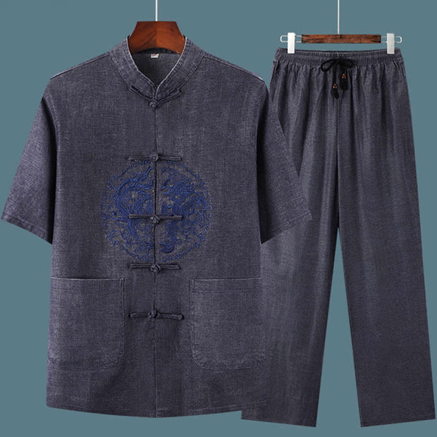 Buddha Stones Dragon Embroidery Pattern Tang Suit Short Sleeve Shirt Pants Men's Set Men's Meditation Cloth BS 1