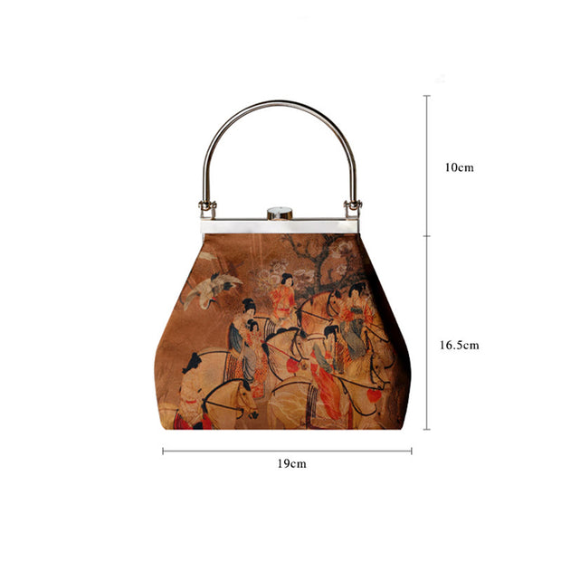 Buddha Stones Painting of Lady of Guoguo on a Spring Outing Metal Handle Handbag
