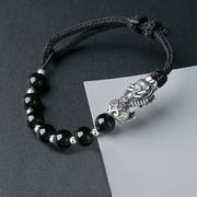 Buddha Stones 999 Sterling Silver FengShui PiXiu Natural Black Obsidian 925 Sterling Silver Bead Strength Bracelet