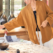 Buddha Stones Frog-Button Hanfu Design Long Sleeve Coat Zen Meditation Open Front Top Jacket