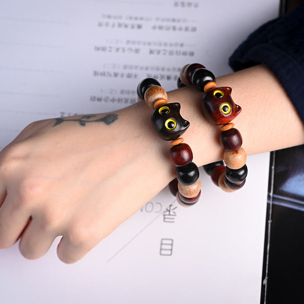 Buddha Stones Small Leaf Red Sandalwood Ebony Wood Cute Cat Engraved Protection Bracelet