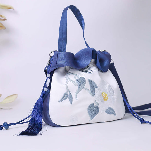Buddha Stones Suzhou Embroidery Camellia Magnolia Peony Lotus Silk Tote Crossbody Bag Shoulder Bag Handbag Crossbody Bag BS 1