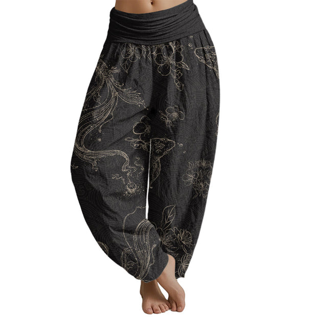 Buddha Stones Koi Fish Floral Pattern Women's Elastic Waist Harem Pants