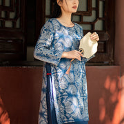 Buddha Stones Blue White Flower Pattern Midi Dress Linen Three Quarter Sleeve Dress With Pockets 5