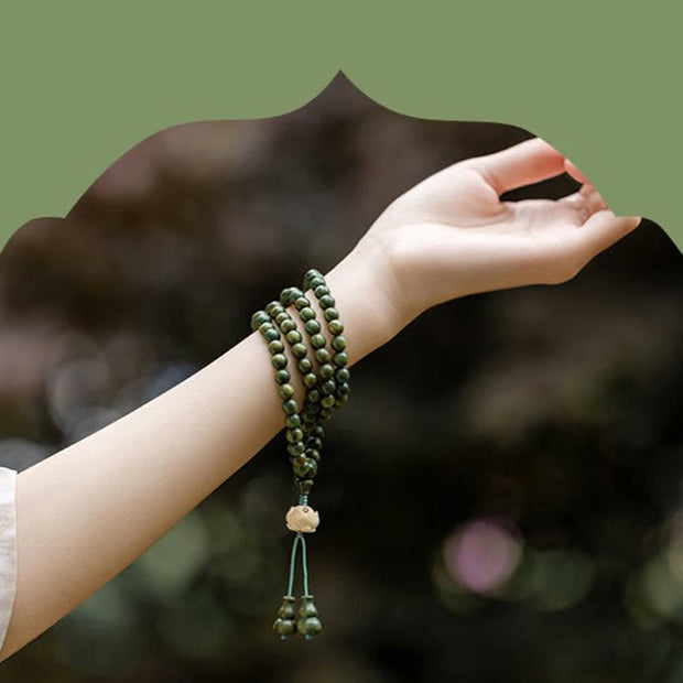 Buddha Stones 108 Mala Beads Green Sandalwood Boxwood Lotus Positive Bracelet Mala Bracelet BS 13