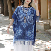 Buddha Stones Blue Butterfly Indigo Dyeing Shawl Tassels Cozy Travel Pullover 90*95cm 7