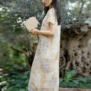 Buddha Stones Flowers Plant Short Sleeve Ramie Linen Chinese Cheongsam Midi Dress With Pockets