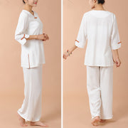 Buddha Stones 2Pcs Frog-Button Three Quarter Sleeve Shirt Top Pants Meditation Zen Tai Chi Linen Clothing Women's Set