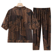Buddha Stones Plus Size 2Pcs Geometric Lines Loose Short Sleeve Button Shirt Wide Leg Pants Set