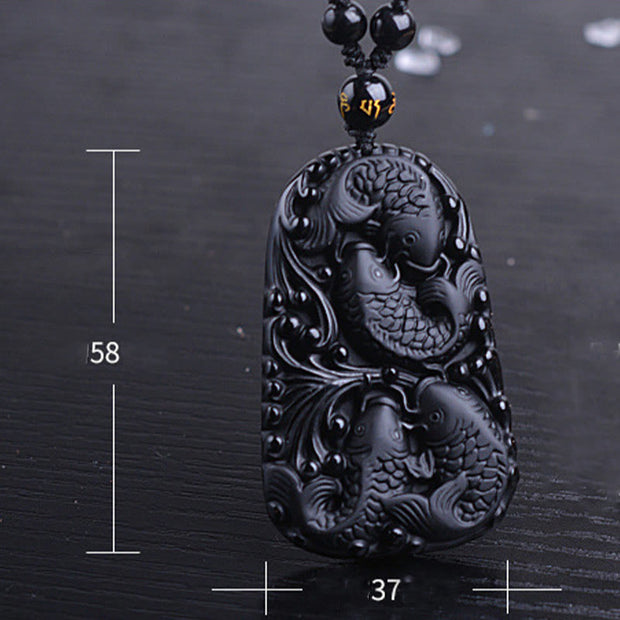 Buddha Stones Black Obsidian Koi Fish Engraved Strength Beaded Necklace Pendant Necklaces & Pendants BS 15