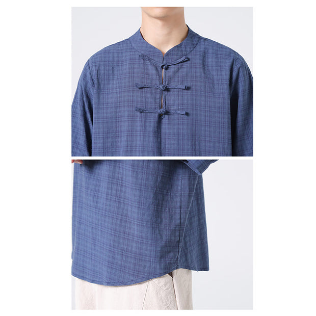 Buddha Stones Frog-Button Plaid Pattern Chinese Tang Suit Half Sleeve Shirt Cotton Linen Men Clothing Men's Shirts BS 8