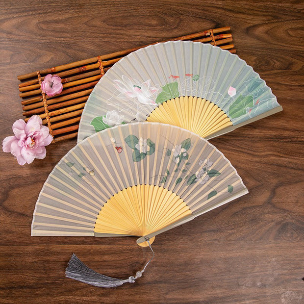 Buddha Stones Jasmine Lotus Begonia Flowers Handheld Bamboo Folding Fan (Extra 30% Off | USE CODE: FS30) - image 0