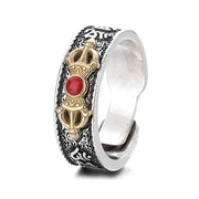 Buddha Stones Tibetan Om Mani Padme Hum Red Agate Dorje Vajra Design Wisdom Ring Ring BS 5