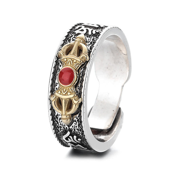 Buddha Stones Tibetan Om Mani Padme Hum Red Agate Dorje Vajra Design Wisdom Ring
