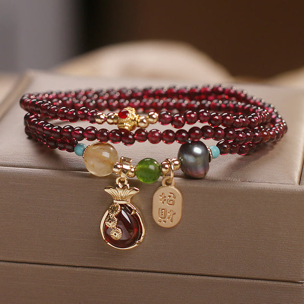 Buddha Stones Multi Layered Natural Garnet Jade Coin Bag Wealth Calm Bracelet