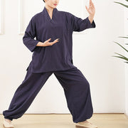 Buddha Stones 2Pcs V-Neck Three Quarter Sleeve Shirt Top Pants Meditation Zen Tai Chi Cotton Linen Clothing Women's Set 7