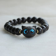 Buddha Stones Ebony Wood Green Sandalwood Cute Cat Peace Bracelet Bracelet BS Ebony Wood(Balance♥Calm)