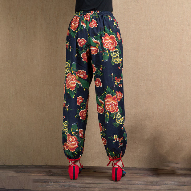Buddha Stones Ethnic Style Red Green Flowers Print Harem Pants With Pockets Women's Harem Pants BS 23