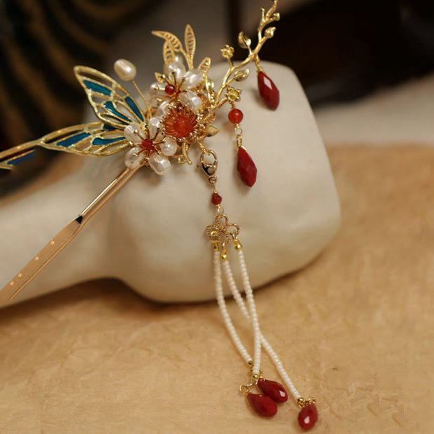 Buddha Stones Classical Chinese Style Flower Branche Butterfly Pearl Tassel Hair Clip Hair Comb Hair Crown