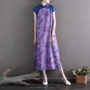 Buddha Stones Vintage Purple Flower Print Ramie Linen Cheongsam Midi Dress With Pockets Cheongsam Dresses BS 14