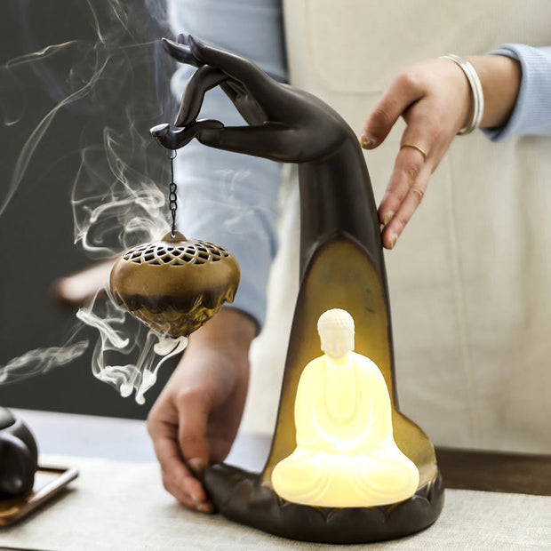Buddha Stones Led Buddha Hand Backflow Smoke Fountain Healing Ceramic Stick Incense Burner Decoration Incense Burner BS 3