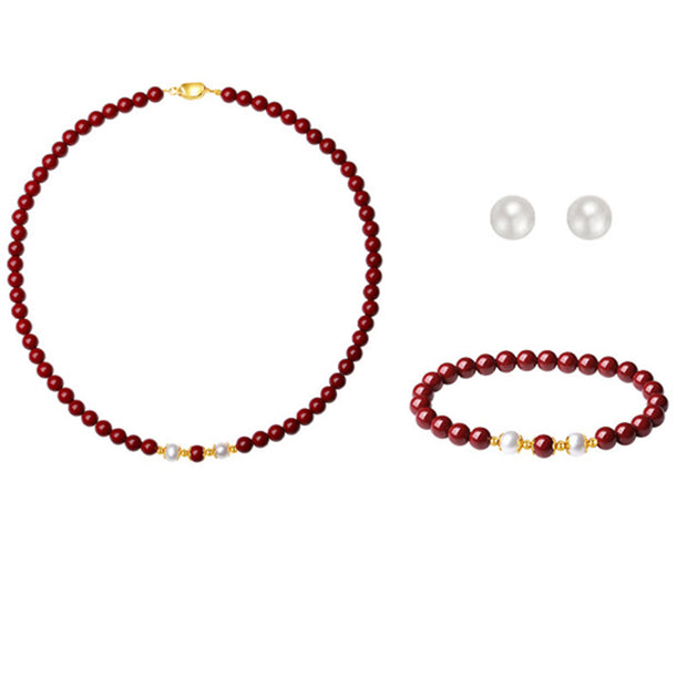 Buddha Stones 925 Sterling Silver Natural Cinnabar Pearl Blessing Necklace Pendant Bracelet Earrings Jewelry Set