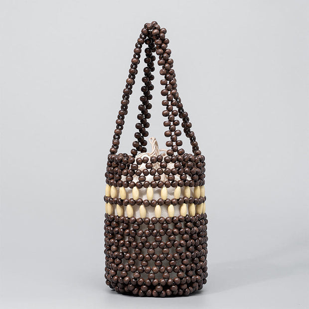 Buddha Stones Hand-woven Bucket Portable Wooden Beads Handbag Handbags BS Dark brown 12*12*17cm