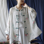 Buddha Stones White Red Flowers Green Leaves Frog-Button Long Sleeve Ramie Linen Jacket Shirt 17