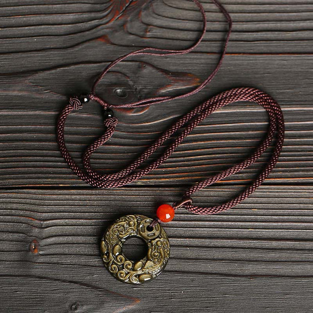 Buddha Stones Gold Sheen Obsidian Peace Buckle Pixiu Copper Coin Wealth Necklace Pendant