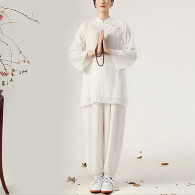 Buddha Stones 2Pcs Long Sleeve Frog-Button Meditation Prayer Zen Practice Tai Chi Uniform Clothing Women's Set Clothes BS White Side Frog-Button(Top&Pants) US12/XXL