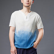 Buddha Stones White Blue Gradient Men's Short Sleeve Indigo Dyeing Cotton Linen Shirt