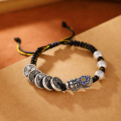 Buddha Stones 999 Sterling Silver FengShui PiXiu Copper Coin Fu Character Wealth Braided Bracelet