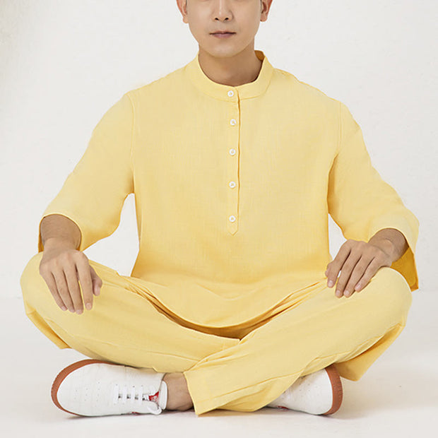 Buddha Stones 2Pcs Buttons Men's Three Quarter Sleeve Shirt Top Pants Meditation Zen Tai Chi Cotton Linen Clothing Set 12